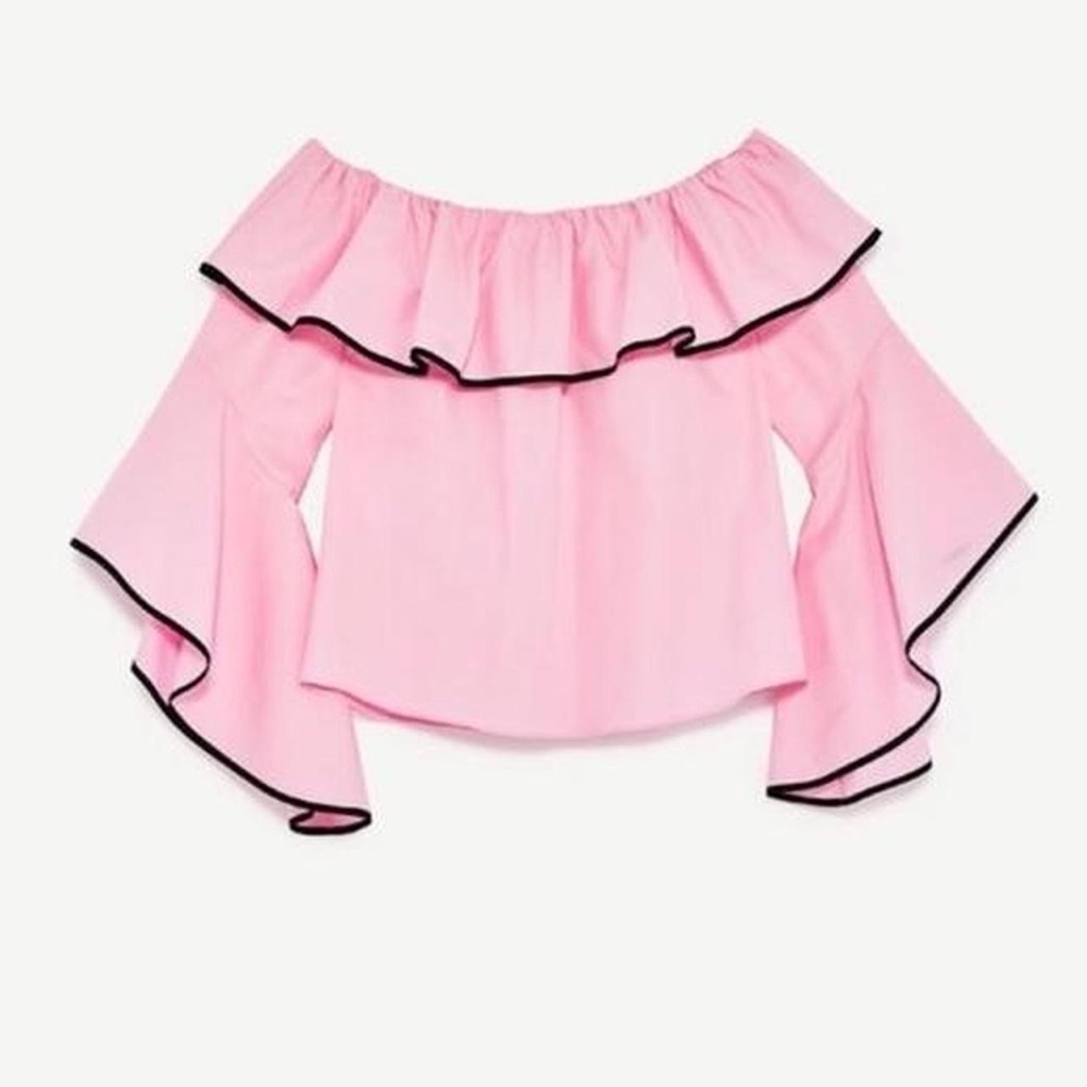 Zara pink off the shoulder blouse with black trim